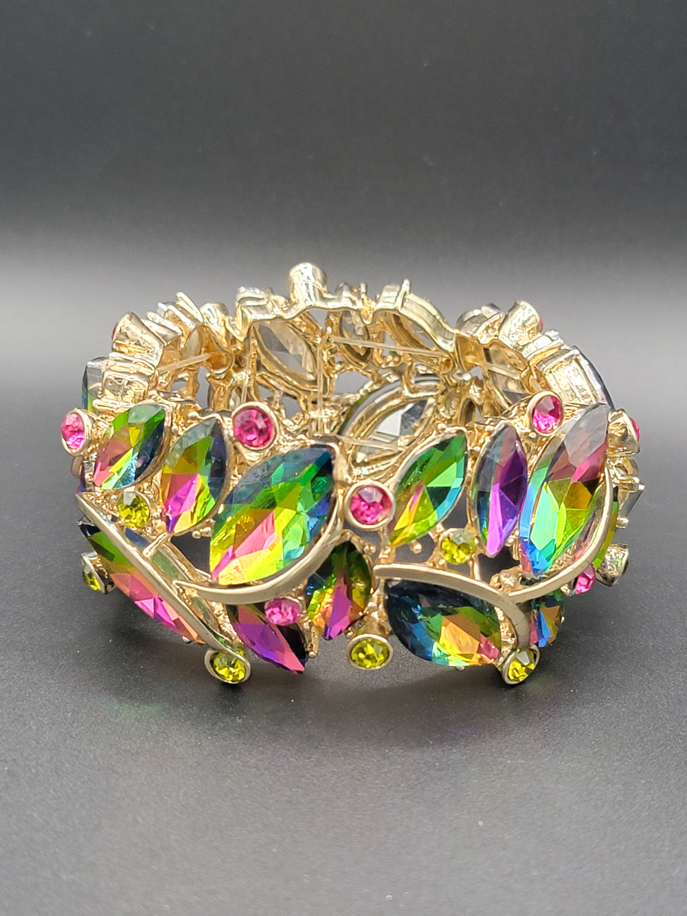 Multicolor Aurora Borealis Rhinestone Stretch Bracelet Gold Tone - Picture 10 of 10